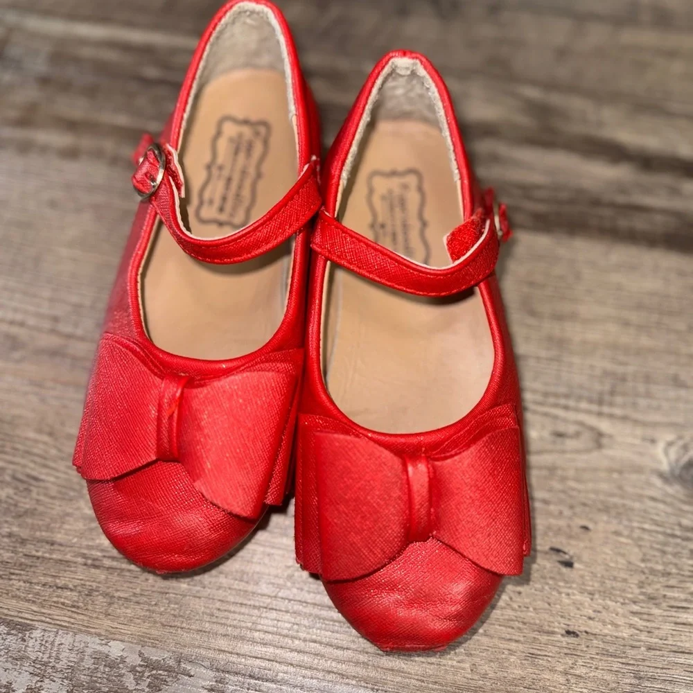 Girls Red Satin Mary Jane Size 32 or 1 Bow Dress Shoes Holiday